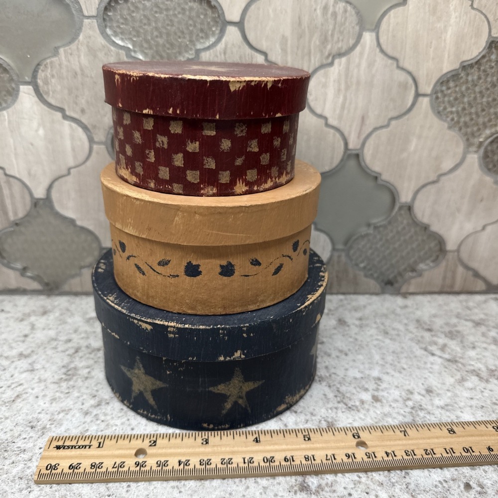 Primitive Country Stack Of 3 Round‎ Boxes, Reproduction, Cardboard, Red Navy Tan